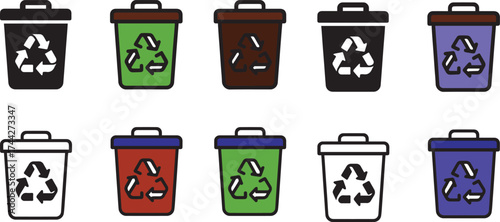 Recycle bin colorful icon set, waste management bin icon, eco recycle symbol, recycle bin vector, minimal design bin icon, recycle bin icon for trash management and sustainability