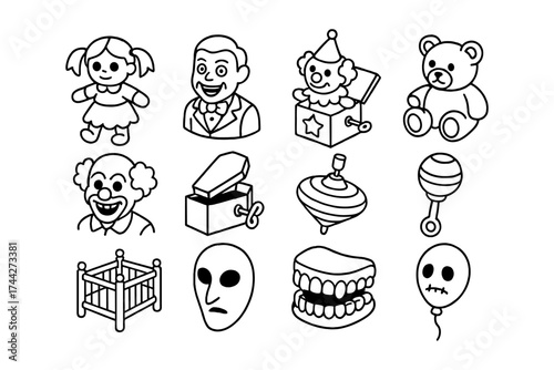 Monochrome halloween toys collection with creepy clowns and spooky accessories