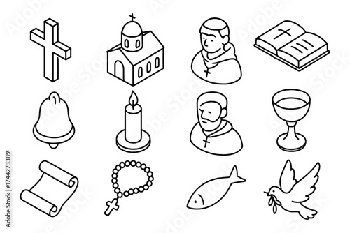 Religious symbols set: monastery, cross, rosary, dove, candle, fish
