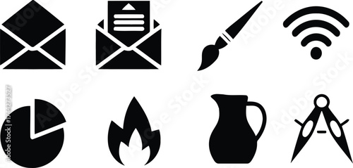 Collection of eight black icons representing communication art science and technology