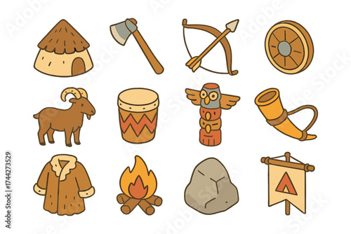 Rustic doodle icons: viking camp essentials in hand-drawn style
