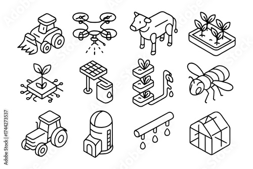 Modern isometric farming icons: technology meets agriculture innovation