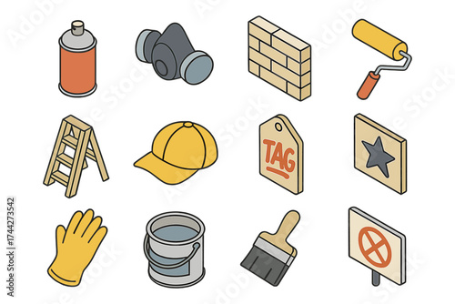 Colorful isometric construction tools and equipment set