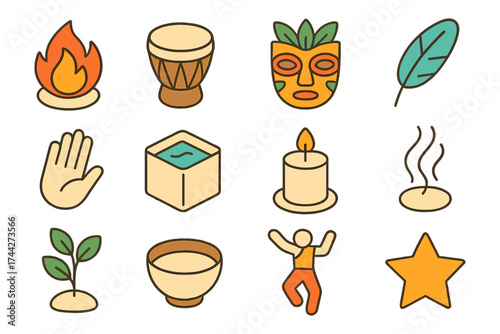 Colorful tribal elements set with handcrafted icons for creative projects