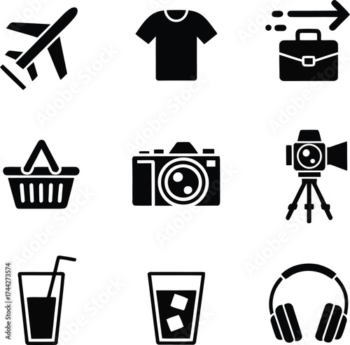 Collection of travel and lifestyle icons in black silhouette