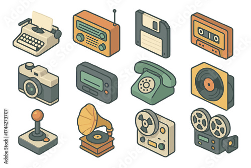 Retro tech icons collection featuring classic electronics in isometric style