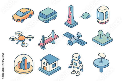 Isometric transportation and technology icons in pastel colors