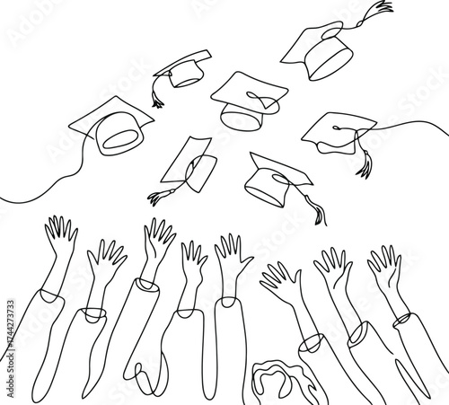Graduation caps tossed in the air by a group of diverse hands