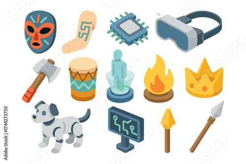 Flat isometric cultural icons set: mask, vr, drum, crown, dog, fire, spear, chip, axe, digital