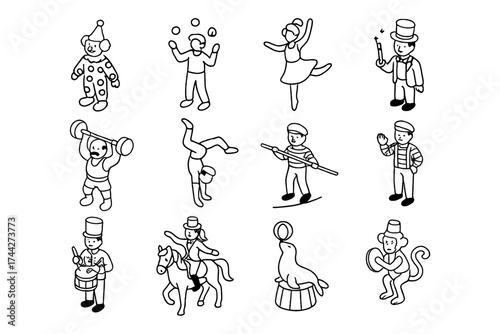 Whimsical circus characters in line art: clowns, jugglers, acrobats, performers