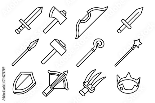 Outline set of medieval weapons and magic tools for rpg and fantasy games