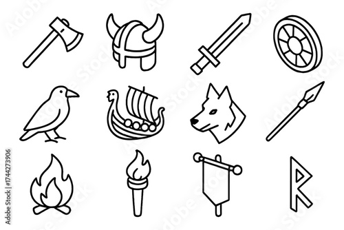Viking icons set: ax, helmet, sword, ship, torch, and more in linear style