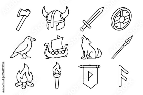 Viking icon set with helmets, weapons, and symbols in linear style