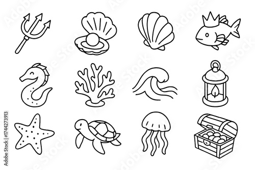 Hand drawn ocean icons: marine life and nautical elements in doodle style