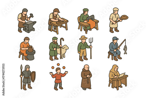 Medieval occupations set in isometric style featuring diverse characters