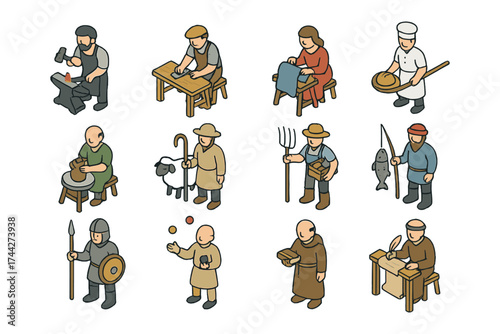 Isometric medieval professions: artisans, farmers, and tradespeople at work