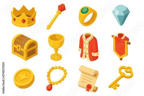 Royal treasure collection with crown, jewelry, and medieval objects in isometric style