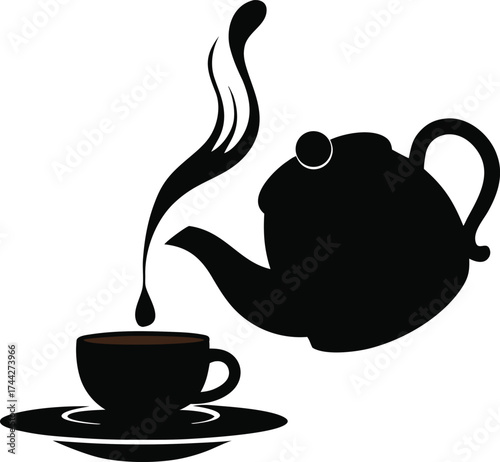 Black silhouette of a teapot pouring hot liquid into a cup and saucer