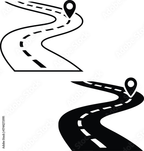 Winding road with navigation pin icons representing travel and destination