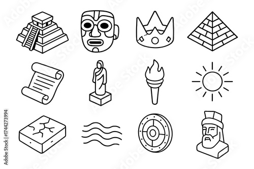 Ancient civilization icons: line art of monuments, artifacts, and symbols