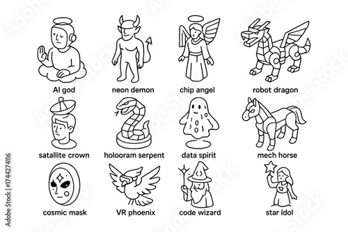 Futuristic characters set: robot, ai god, neon demon, angel, dragon, serpent, wizard