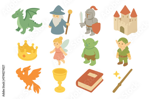 Charming fantasy icons: knight, wizard, dragon, and more in isometric style