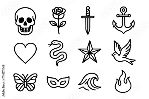 Bold tattoo style icons including skull, rose, sword, and anchor