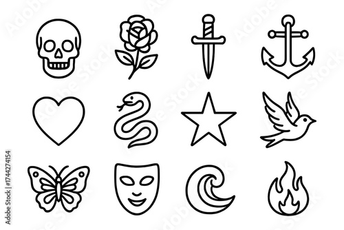 Set of bold tattoo icons in simple linear style for creative designs