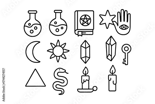 Mystical symbols collection: alchemy, astrology, and magic elements in outline style