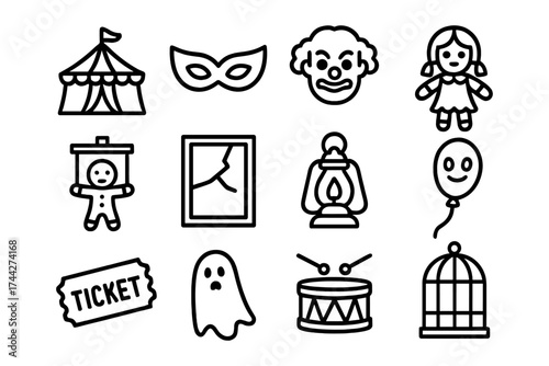 Circus and carnival icons: masks, clowns, dolls, and more in bold line art