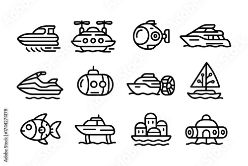 Line art collection of various nautical vehicles and underwater structures