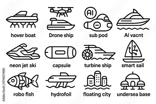 Futuristic transport icons: modern linear designs of hover boats, ai pods, and floating cities