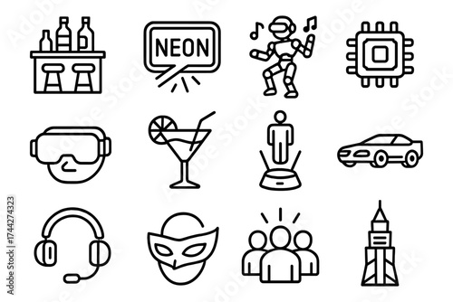 Minimalist icons set: technology, leisure, and entertainment symbols