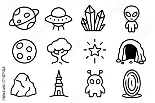 Minimalist space and alien icons - ufos, planets, and more