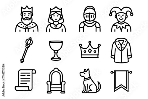Medieval line art icons featuring royalty, knight, jester, and heraldic symbols