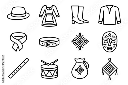 Collection of traditional cultural icons in linear style featuring clothing and musical instruments