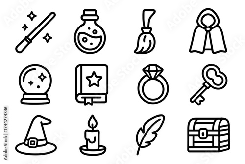 Magical icons set featuring wand, potion, broom, cape, crystal ball, and other fantasy elements