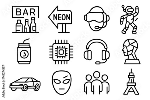 Modern linear icons of technology, social, and recreation