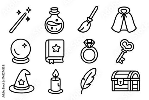 Magical line art icons of wizardry and enchantment