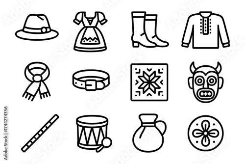 Traditional clothing and musical icons in bold linear style