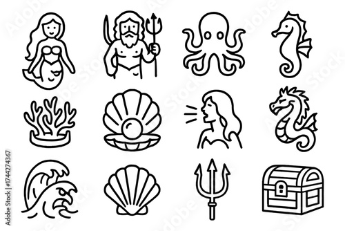 Nautical icons set featuring mermaids, sea creatures, and ocean treasures in bold outline style