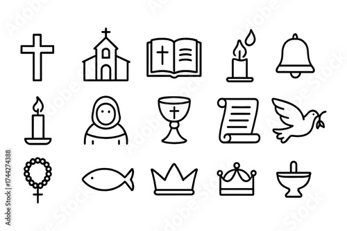 Simple christian icon set featuring symbols of faith and spirituality