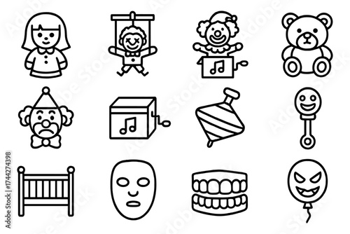 Monochrome creepy toy collection: clowns, masks, and more