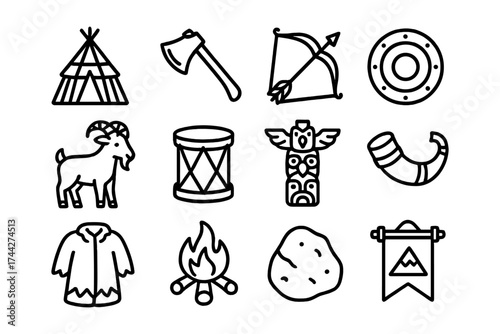 Minimalist tribal icon set featuring camping and cultural symbols