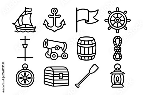 Nautical icons collection featuring ship, anchor, and compass in linear style