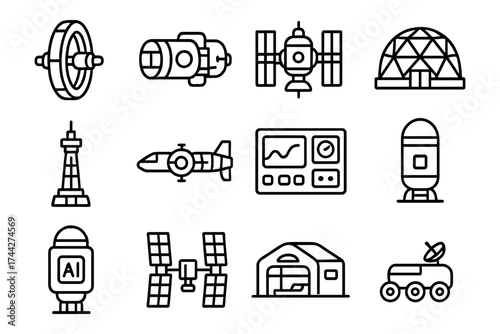 Space exploration icons: satellite, rocket, ai, dome, and robotics linear design set