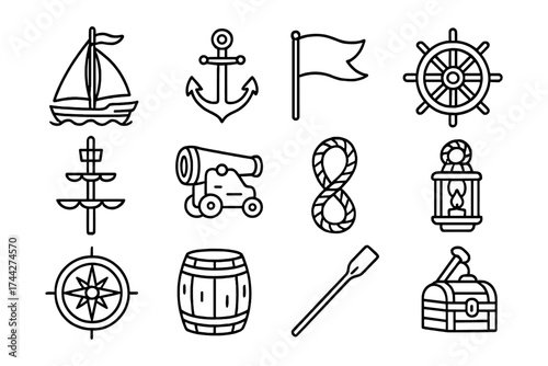 Nautical icons set featuring sailboat, anchor, and steering wheel in linear style
