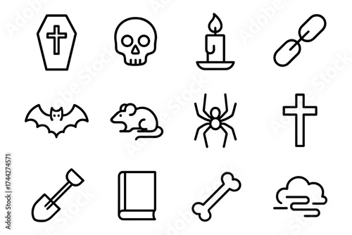 Halloween gothic icons set: skull, candle, bat, and more in bold linear style