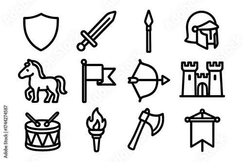 Medieval icon set: knights, castles, weapons, and heraldry in bold line art