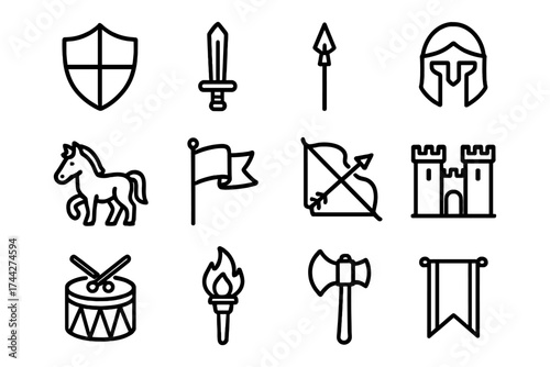 Medieval icon set: sword, shield, helmet, horse, castle, torch